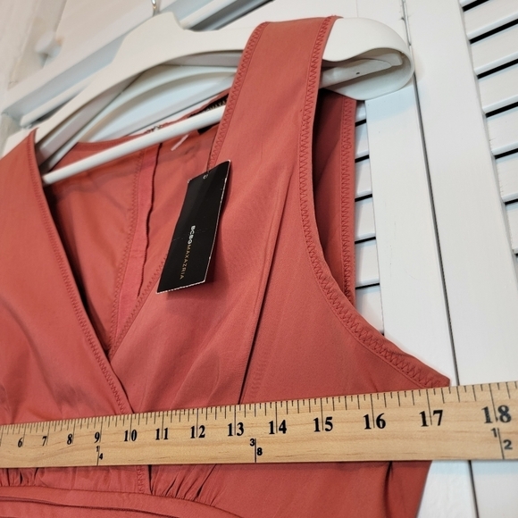 BCBGMAXAZRIA Pleated V Neck Top Sleeveless Woven Cotton Burnt Orange Exposed Zip - Picture 11 of 13